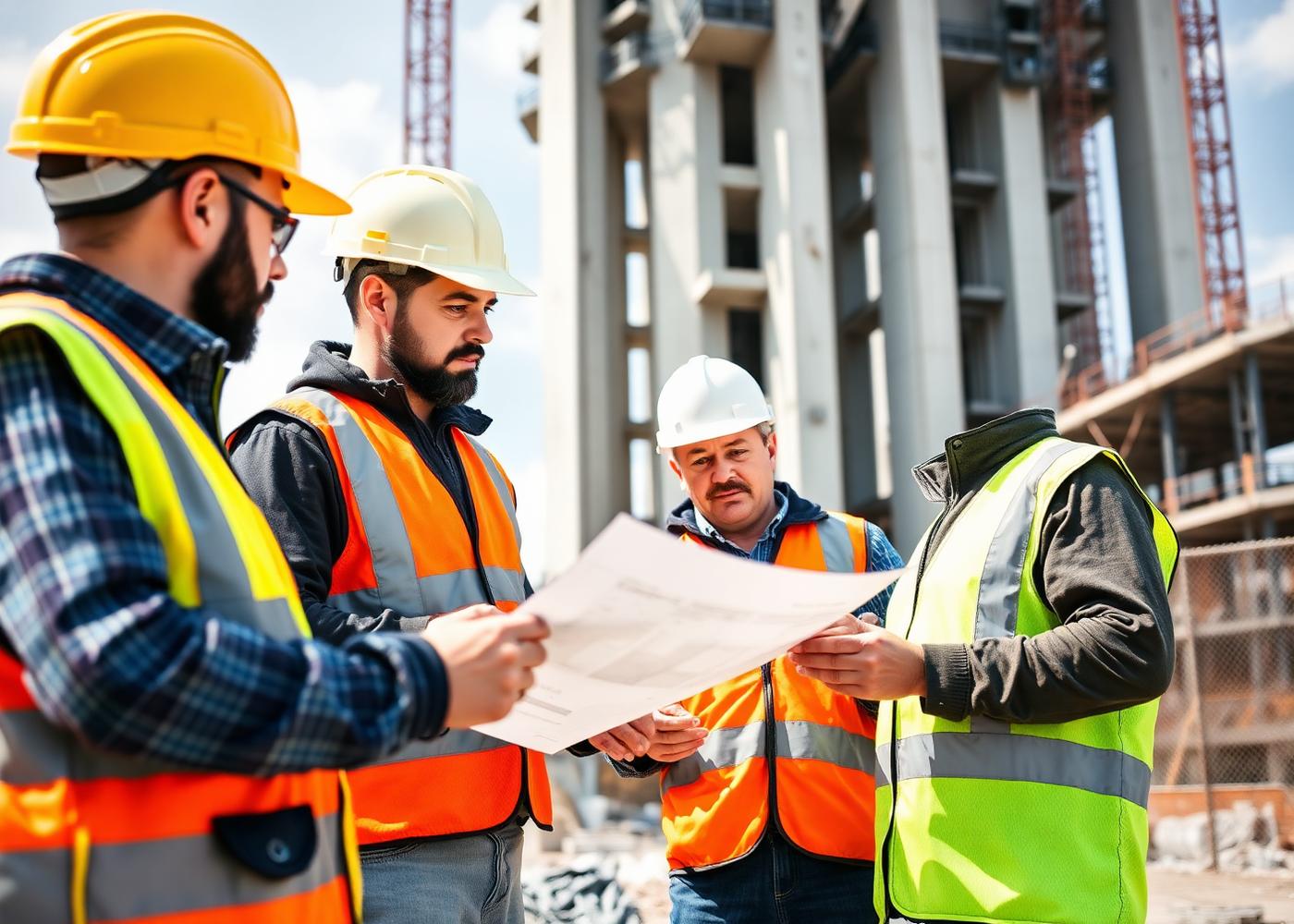 Equipe de engenheiros da MTH analisando projetos no canteiro de obras